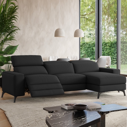 Valencia Esther Top Grain Leather Sofa, Three Seats with Right Chaise, Black