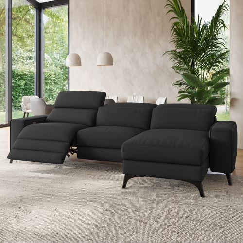 Valencia Esther Top Grain Leather Sofa, Three Seats with Right Chaise, Black