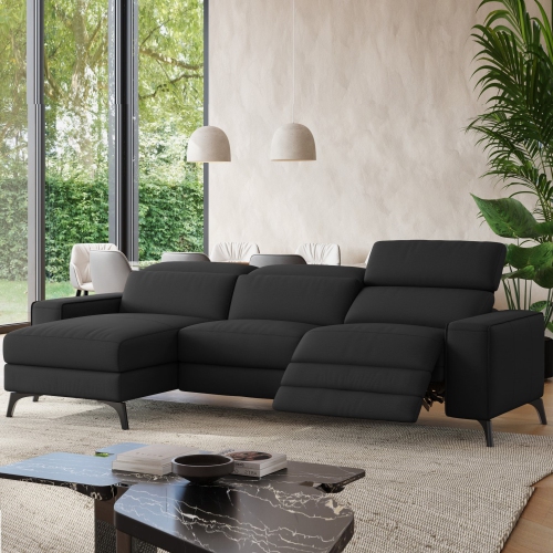 Valencia Esther Top Grain Leather Sofa, Three Seats with Left Chaise, Black