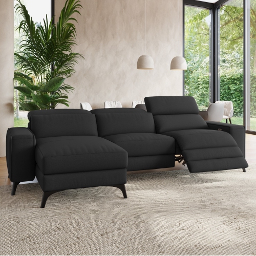 Valencia Esther Top Grain Leather Sofa, Three Seats with Left Chaise, Black