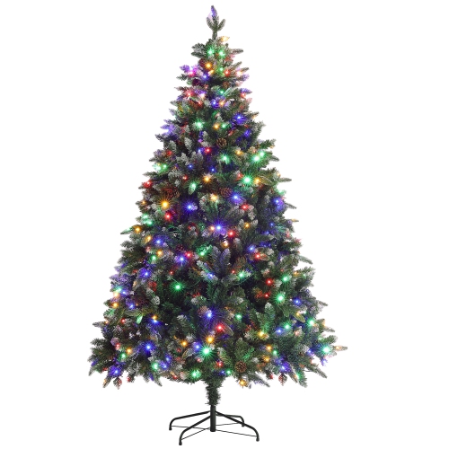 HOMCOM  7Ft Artificial Prelit Christmas Tree With Dual Colour Led Light And 1466 Tips, Metal Stand, Hinged Xmas Tree for Home Office Holiday In Green