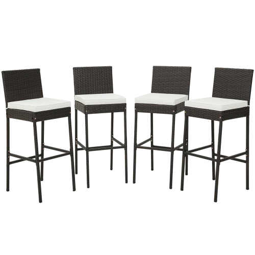 COSTWAY  4 PCs Patio Wicker Barstools Bar Height Chairs With Cushions Backyard Off In White
