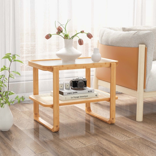 Costway 1 PC Bamboo Side Table with Rattan Shelf Glass Top Nightstand Small Sofa End Table