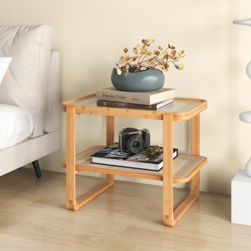 Costway 1 PC Bamboo Side Table with Rattan Shelf Glass Top Nightstand Small Sofa End Table