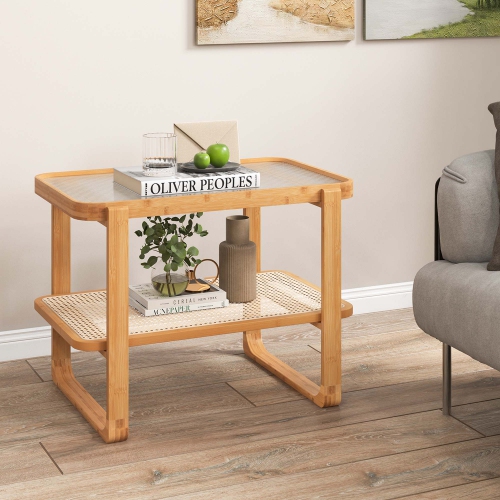 Costway 1 PC Bamboo Side Table with Rattan Shelf Glass Top Nightstand Small Sofa End Table