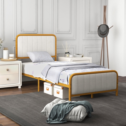 Costway Twin Gold Metal Bed Frame Upholstered Platform Bed with Velvet Headboard