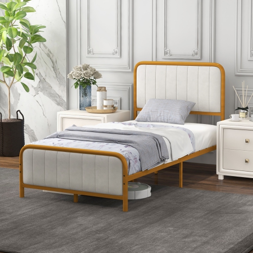 Costway Twin Gold Metal Bed Frame Upholstered Platform Bed with Velvet Headboard