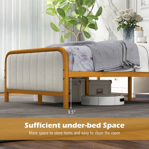 Costway Twin Gold Metal Bed Frame Upholstered Platform Bed with Velvet Headboard