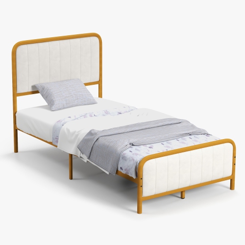 Costway Twin Gold Metal Bed Frame Upholstered Platform Bed with Velvet Headboard