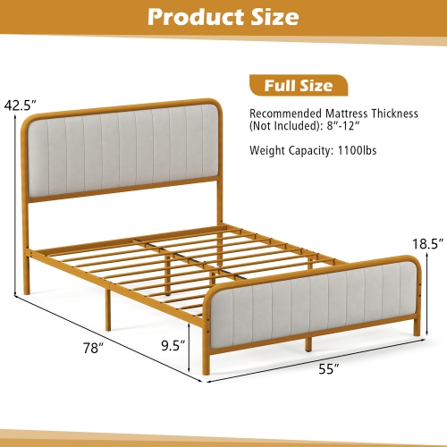 Costway Full Gold Metal Bed Frame Upholstered Platform Bed with Velvet Headboard