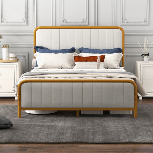 Costway Full Gold Metal Bed Frame Upholstered Platform Bed with Velvet Headboard