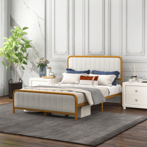 Costway Full Gold Metal Bed Frame Upholstered Platform Bed with Velvet Headboard