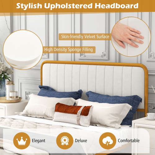 Costway Full Gold Metal Bed Frame Upholstered Platform Bed with Velvet Headboard