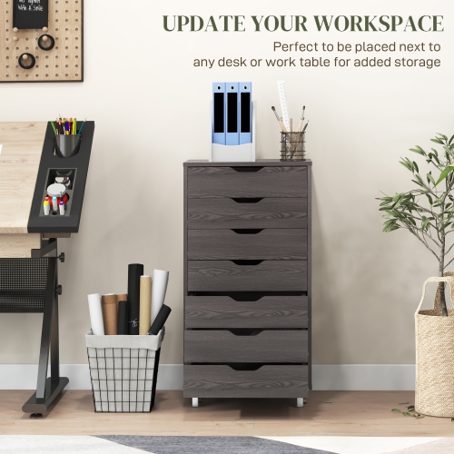 Vinsetto Vertical Filing Cabinet, 7-drawer File Cabinet, Mobile Office Storage Cabinet with Wheels for Home Office, Grey Wood Grain