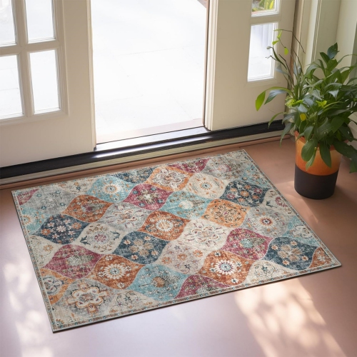 Moroccan Area Rug, 2' x 3' Printed Floral Small Oriental Accent Vintage Rug, Washable Indoor Door Non-Slip Mat Cream Carpet for Kitchen Entryway, Bat