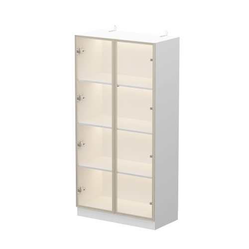 FAMAPY  Contemporary Bookshelf With Glass Doors, Led Lighting, And Adjustable Shelves for Living Room Or Study (31.5" W X 15.7" D X 63" H) In White