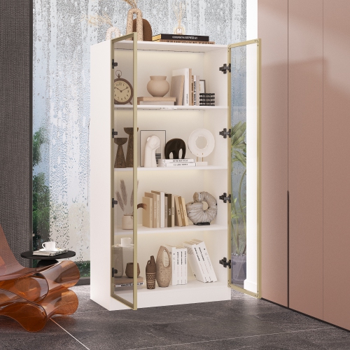Famapy Contemporary Bookshelf with Glass Doors, LED Lighting, and Adjustable Shelves for Living Room or Study White