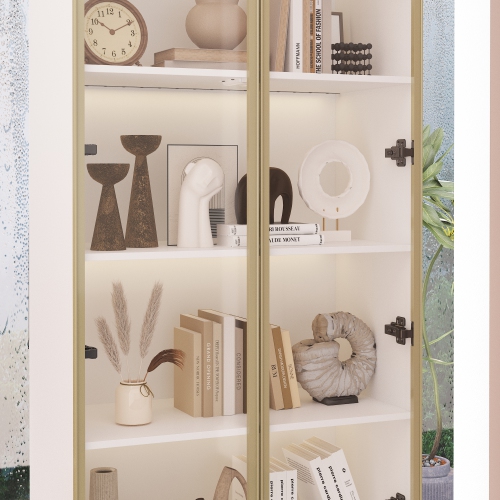 Famapy Contemporary Bookshelf with Glass Doors, LED Lighting, and Adjustable Shelves for Living Room or Study White