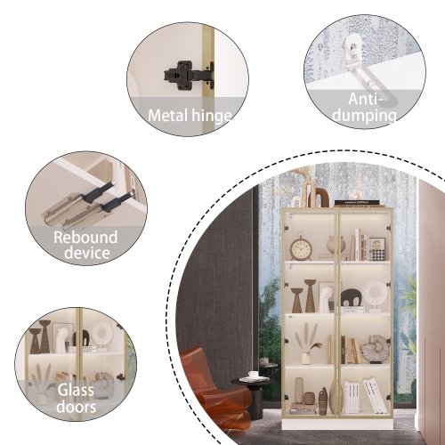 Famapy Contemporary Bookshelf with Glass Doors, LED Lighting, and Adjustable Shelves for Living Room or Study White