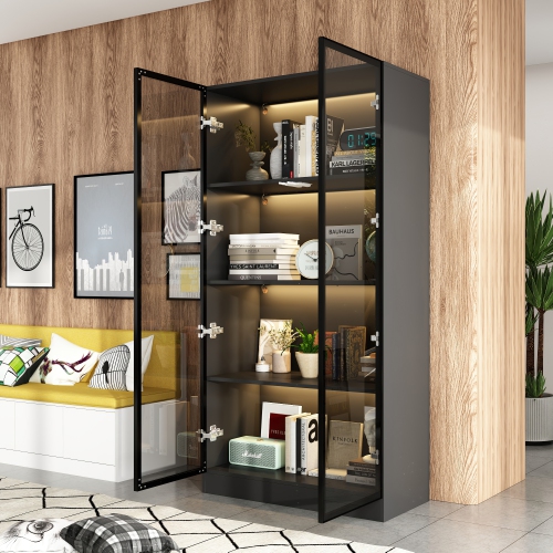 Famapy Modern Glass Door Bookshelf with Adjustable Shelves and LED Lighting for Living Room or Study Black