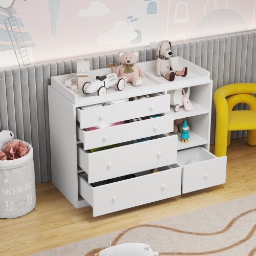 Commode à 5 tiroirs avec tablettes ouvertes Famapy, rangement spacieux pour chambre à coucher ou chambre de bébé, blanc