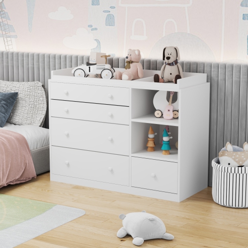 Commode à 5 tiroirs avec tablettes ouvertes Famapy, rangement spacieux pour chambre à coucher ou chambre de bébé, blanc