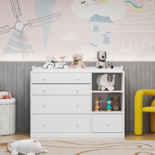 Commode à 5 tiroirs avec tablettes ouvertes Famapy, rangement spacieux pour chambre à coucher ou chambre de bébé, blanc
