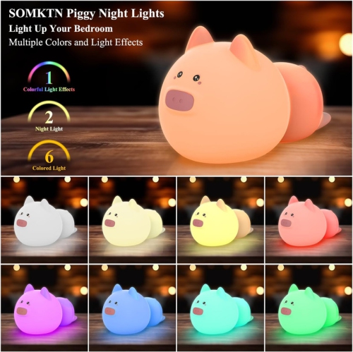 YOULIGHTS Piggy Silicone Night Light for Kids, Rechargeable LED Touch Cute Lamp, 3 Modes Squishy Piggy Night Lamp, for Nursery Baby Room, Nice Gifts