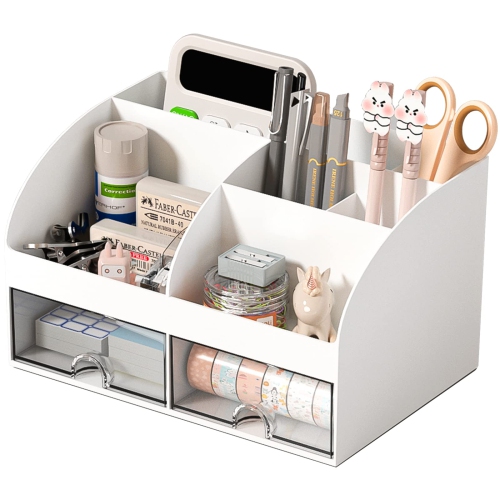 Office Drawer Organizers with 6 Compartments and 2 Drawers, Plastic Pen Holder for Desktop Storage, Desk Organization for School, Home, Office