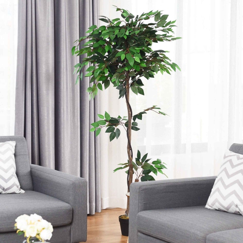 Costway 5.5' Artificial Ficus Silk Tree Wood Trunks Green In/Outdoor Home Decor