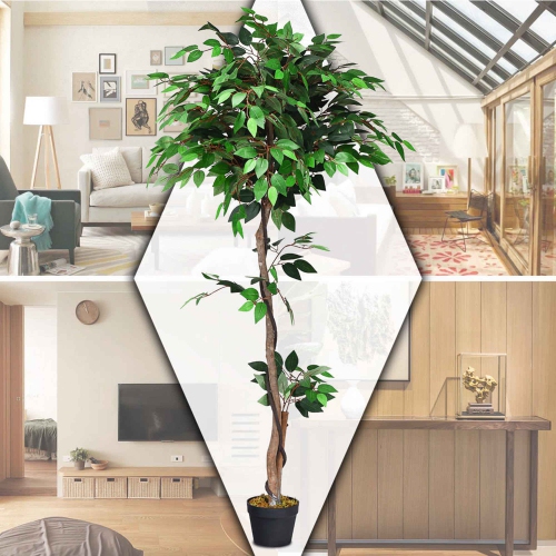 Costway 5.5' Artificial Ficus Silk Tree Wood Trunks Green In/Outdoor Home Decor