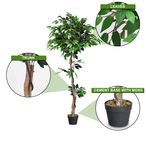 Costway 5.5' Artificial Ficus Silk Tree Wood Trunks Green In/Outdoor Home Decor