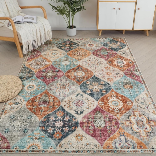 NIERBO  Moroccan Area Rug, 9' X 12' Large Bedroom Rugs Ultra-Thin Cream Floral Area Rug Non-Slip Non-Shedding Indoor Throw Rugs, Vintage Carpet Boho