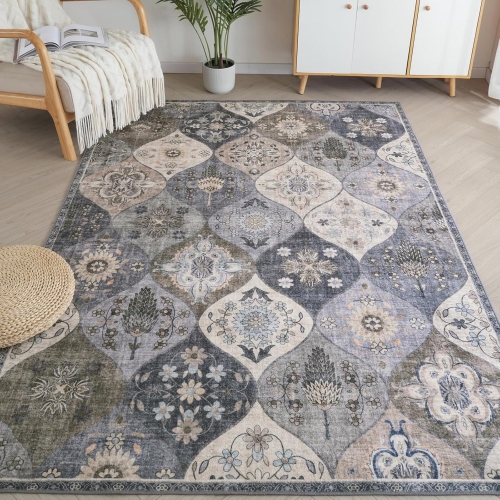 Moroccan Area Rug, 3' x 5' Printed Floral Oriental Accent Vintage Rugs, Washable Indoor Low-Pile Antique Boho Rug Non-Slip Carpet for Entrance Living