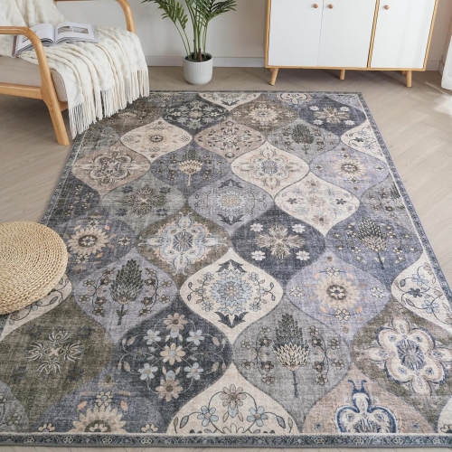 NIERBO  Moroccan Area Rug, 5' X 7' Ultra-Thin Printed Floral Accent Vintage Rug, Non-Slip Oriental Antique Distressed Carpet Foldable Rugs for Living