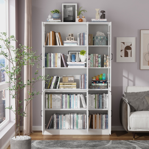 Famapy Tall Bookcase with Glass Doors, Adjustable Shelves, and Spacious Storage for Your Home Library or Study White
