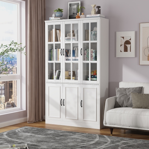 Famapy Tall Bookcase with Glass Doors, Adjustable Shelves, and Spacious Storage for Your Home Library or Study White