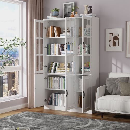 Famapy Tall Bookcase with Glass Doors, Adjustable Shelves, and Spacious Storage for Your Home Library or Study White