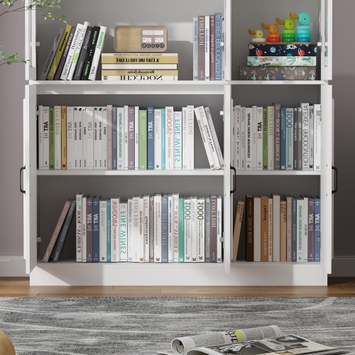 Famapy Tall Bookcase with Glass Doors, Adjustable Shelves, and Spacious Storage for Your Home Library or Study White