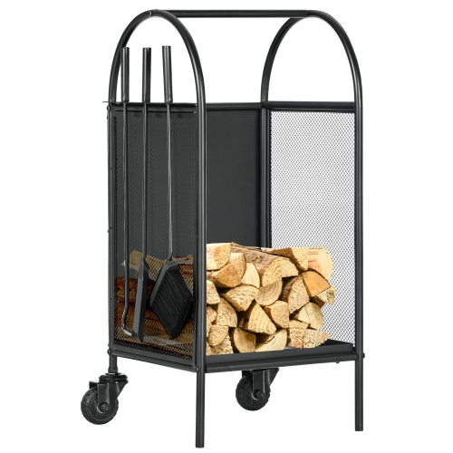 Étagère extérieure en bois de feu de 15 po Outsunny avec roulettes, support de rangement en bois robuste avec pelle, balai, tisonnier, support à bûch