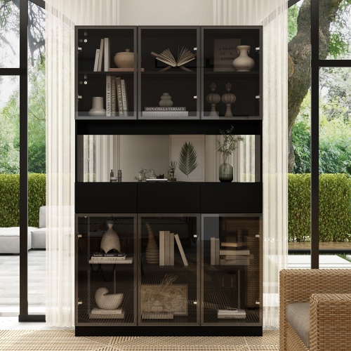Famapy Modern Bookcase with Storage Drawers & Shelves, Tall Freestanding Book Cabinet for Home Library or Study Black
