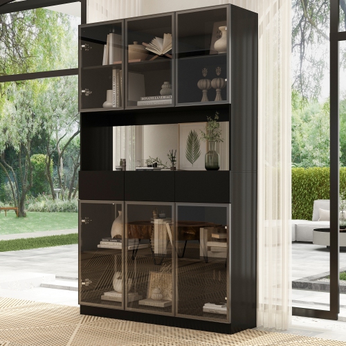 Famapy Modern Bookcase with Storage Drawers & Shelves, Tall Freestanding Book Cabinet for Home Library or Study Black