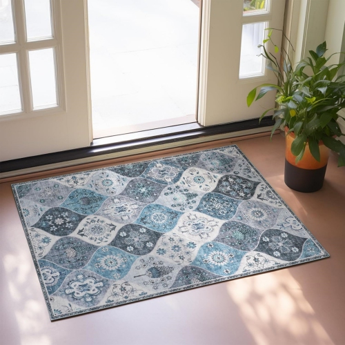 Moroccan Area Rug, 2' x 3' Printed Floral Oriental Accent Vintage Small Rug, Washable Indoor Door Non-Slip Mat Blue Entryway Carpet for Kitchen, Bath