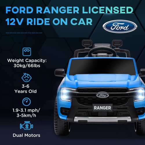 Qaba Ford ranger sous licence 12&nbsp;V Ride On car avec rangement arrière, camion électrique pour enfants à piles avec télécommande, suspension à