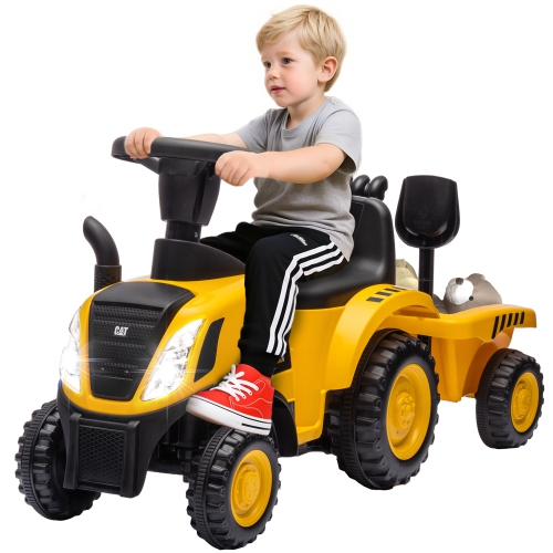 Qaba Ride On Tractor, Caterpillar Licensed Kids Ride on Toys Push Car with Shovel, Detachable Trailer, No Power Construction Car for Toddlers 18-36