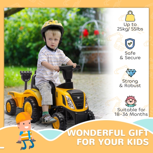 Qaba Ride On Tractor, Caterpillar Licensed Kids Ride on Toys Push Car with Shovel, Detachable Trailer, No Power Construction Car for Toddlers 18-36