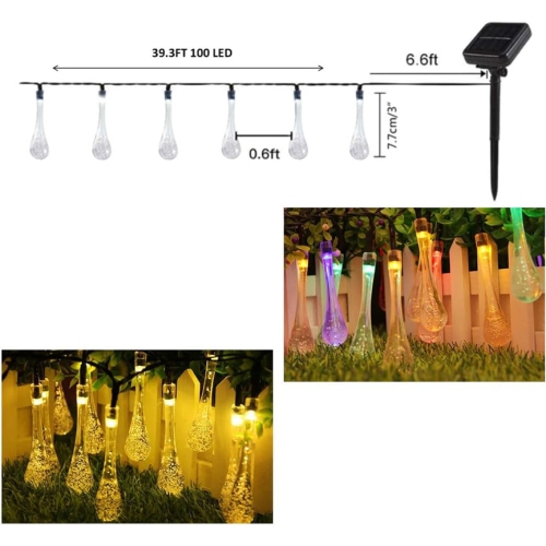 YOULIGHTS Solar Water Drop String Lights, 39.3FT 100 LED Outdoor Waterproof Drop Lights for Garden, Patio, Yard, Holiday Decor- Auto On/Off, Energy