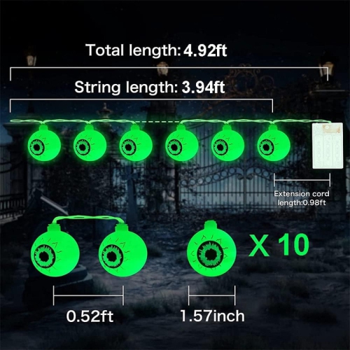 YOULIGHTS Halloween Eyeball String Lights, 5ft 10 LED Halloween Light String, Battery Operated Green Eyeball Shaped LED Light for Halloween Party