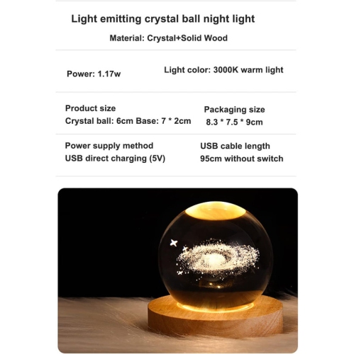 YOULIGHTS 3D Crystal Ball Night Light Ball Projection Lamp Planet Model,3D Crystal Ball with Led Wooden Base Gift for Christmas Thanksgiving