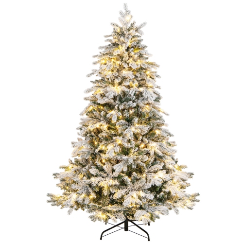 COSTWAY  6 Ft Pre-Lit Flocked Christmas Tree Hinged W/ 260 Led Lights & 1415 Branch Tips